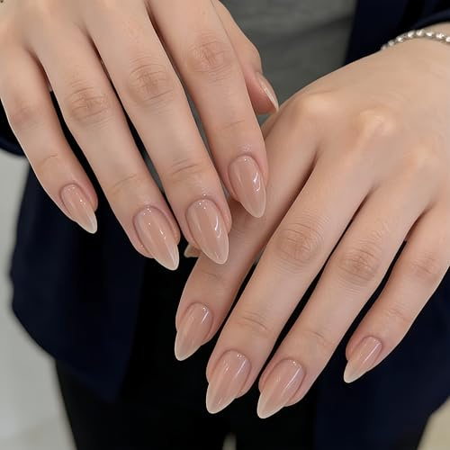 SXVME Nude Press on Nails Short Almond Shape, 30 Pcs Short False Nails Press ons Natural Acrylic Fake Nails Custom Solid Color Medium Natural Fit Glue on Nail For Women