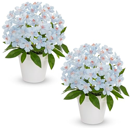 Arborus 2Pcs Artificial Flowers in Pots 9 Small Silk Flowers with Plastic Pot Blue Faux Potted Flower Spring Flower Arrangement for Home Office Desk Windowsill Bathroom Table Centerpiece Decor