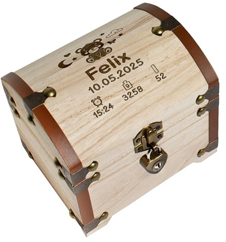 True Statements Personalisierte Erinnerungsbox Baby – Holzkiste mit Geburtsdaten Gravur, Schatztruhe 14,5 x 11,5 x 13 cm