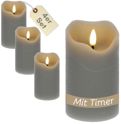 4er Set LED Echtwachskerzen mit Timer Led Kerzen mit Timerfunktion und flackernde Flamme Led Echtwachs Stumpenkerzen flackernd 7,5 x 12,5 cm Grau