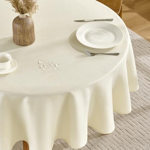 FIBORIA Tischdecke Rund 140cm Durchmesser Abwaschbar Outdoor Tischdecken Beige Wasserabweisende Tischwäsche Leinenoptik Abwischbare Tischtuch Tablecloth für Frühling Ostern,Garten,Party,Geburtstag