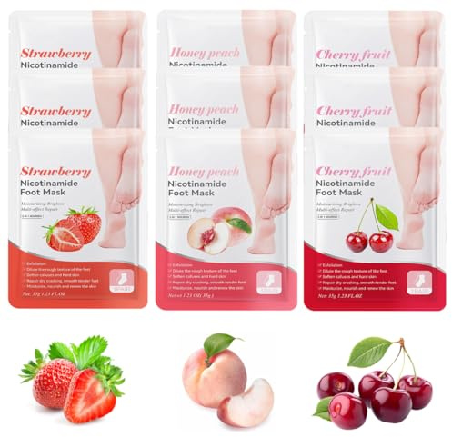 PQUELM Maschera nutriente per i piedi in 9 pezzi, calzini con crema per calli, crema idratante, cura dei piedi secchi e screpolati, rimozione dei calli (pesca + ciliegia + fragola)