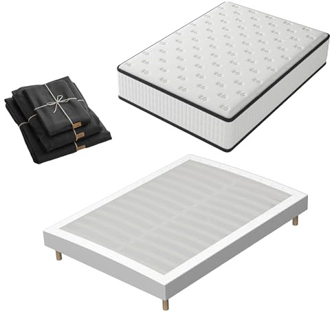 TEENO Matelas à mémoire de Forme et sommier 160x200 Ensemble, Matelas 160x200 et Parure de lit 4 pièces+Sommiers à Lattes avec 9 Pieds pour Adulte | 2x14 Lattes (160x200x22cm)