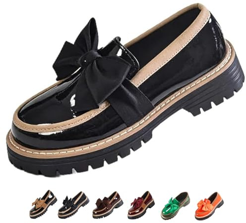 Mocasines de suela gruesa con lazo de charol para mujer, cómodos, anchos, ortopédicos, sin cordones, con plataforma, mocasines gruesos para oficina de negocios