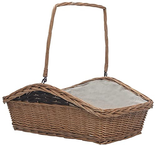 Träkorg med bärhandtag av vide, 61,5 x 46,5 x 58 cm, brun, rustik vedkorg för vedförvaring och träförvaring i vardagsrum, trädgård, terrass