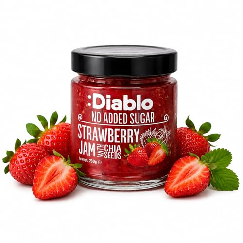 Diablo Strawberry Fruit Jam with Chia Seeds, No Added Sugar Jam Spread, 55% Real Fruit, No Added Preservatives, Halal Fruit Spread for Toast, Breakfast, Baking and Snacks - 230g, Pack of 1