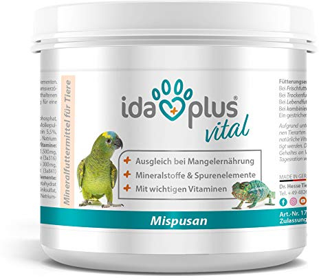 Ida Plus - Mispusan Pulver 200 g - Mineralfuttermittel mit Vitamin D3, Calcium & Spurenelementen für Amphibien, Reptilien & Vögel - Wellensittich, Kanarienvogel, Papageien & Bartagame - Mineralstoffe