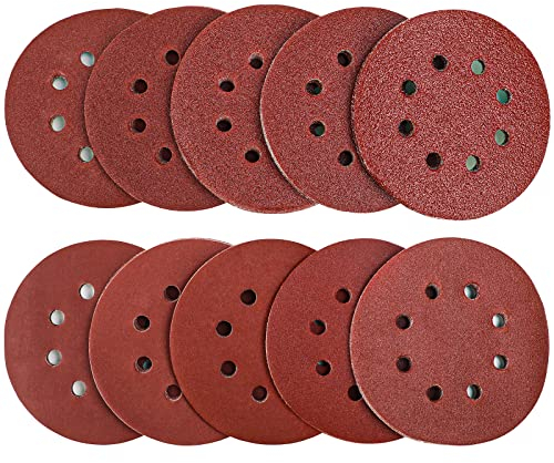 60Pcs Sanding Discs Pads, AUGOLA Hook and Loop 40 60 80 100 120 150 180 240 320 400 Mixed Grits 125mm Sandpaper Sheet for Random Orbital Sander, 8-Holes