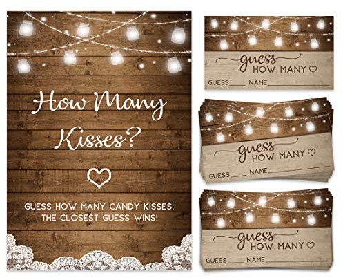 How Many Kisses, Bonbonglas Ratespiel mit 50 Karten und passendem Schild, Brautdusche Aktivität und Spiel