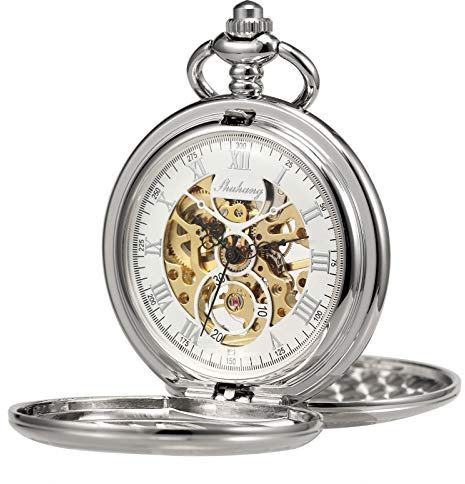 TREEWETO Unisex Taschenuhr mit Kette Analog Handaufzug Doppelscharnier Adler Skelett Römische Ziffern Schwarz/Silber/Bronze