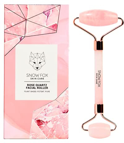 Snow Fox Skin Care Hand-Carved Rose Quartz Facial Roller – Authentic Crystal Face Roller with Dual Ends, Noiseless Design & Real Quartz Handle – Cooling, De-Puffing, Relaxing Self-Care Tool