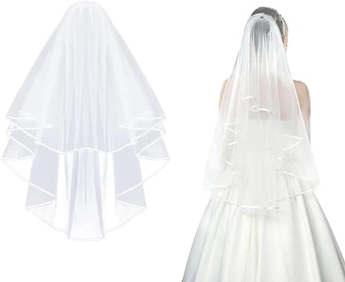 CICILIAYA Bridal Veil Wedding Vails Women's White Ivory Tulle Short Veils Ribbon Edge With Comb for Brides Shower Bachelorette Hen Party Chucky Costume Dress Up Gift Halloween Girls First Communion