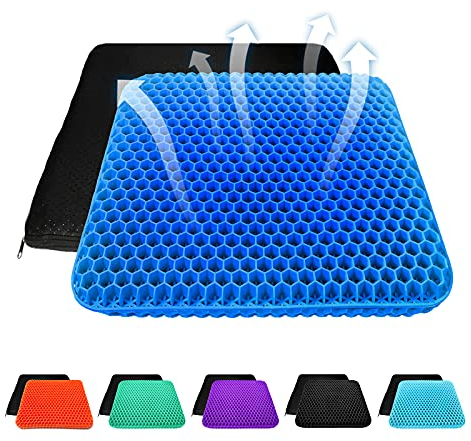 HSSGGV Gel-Sitzkissen mit Waben-Design, Rutschfester Bezug, Atmungsaktiv, für Auto, Bürostuhl und Rollstuhl (Blau, 43 * 38 * 4)