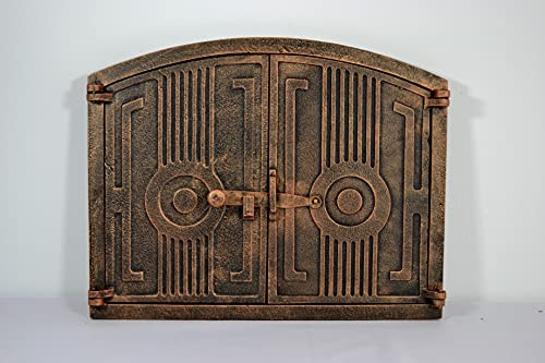 SEZAM leichte Doppeltür für Backöfen aus Gusseisen - mit Türriegel, halbrund, Pizzaofentür - Brotofen - Steinofentür, 48 x 3 x 38 cm, kupferfarben bemalt