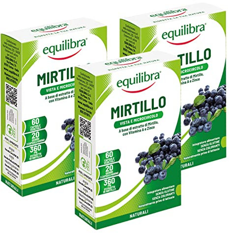Equilibra Integratori Alimentari, Mirtillo, Integratore per la Normale Capacità Visiva e la Funzionalità del Microcircolo, con Estratto di Mirtillo, Vitamina A e Zinco, 3 Pezzi da 60 Capsule Vegetali
