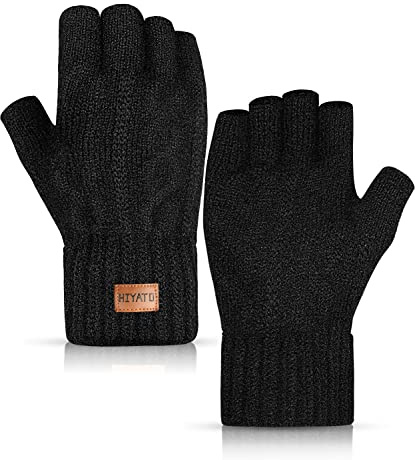 HIYATO Handskar Herr, varma stickade vinterhandskar med mjukt foder, termiska handskar för män och kvinnor(Svart Fingerless 02)