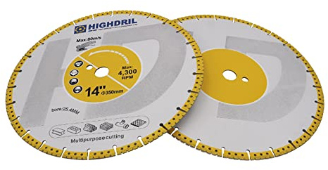 HIGHDRIL Disque tronçonner diamanté - 2pces 350mm/14pouces Disque à tronçonner haute performance à usage général pour le fer à béton, la tôle, le fer cornière, l'acier inoxydable, le granit le marbre