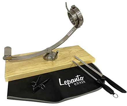 Supporto per prosciutto girevole girevole girevole a 360° più set di taglio archi con coltello prosciutto, pinza e copri prosciutto (base legno colore noce)