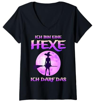 Damen Hexe Auf Dem Besenstiel Mond Halloween Deko Damen Kinder T-Shirt mit V-Ausschnitt