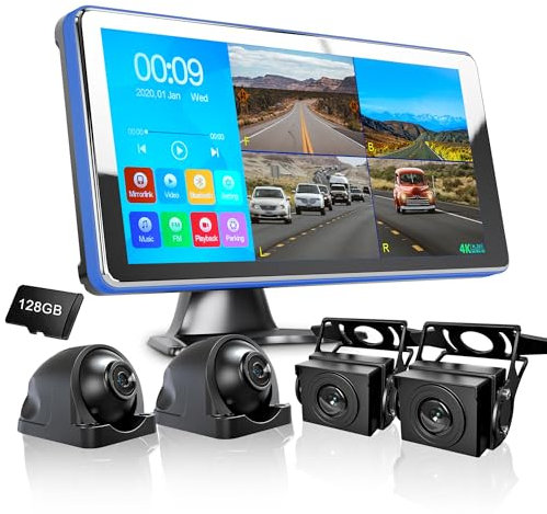 ASLONG 4K Backup Camera 4CH Dash Cam with 10.36 Quad Split Touch Screen & 4 AHD Front Rear Sides View Camera w/DVR Recording Music Video Playback Avoid Blind for RV Semi Trailer Truck Van
