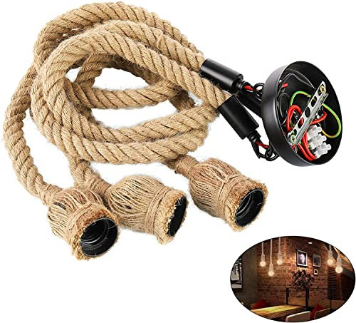 Btstil Hemp Rope Light, 3-Head Vintage Hemp Rope Chandelier for Cafe, Dining, Restaurant, Bar, Hall