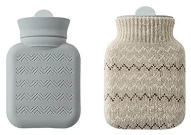 Mini Silikon Wärmflasche, Wärmflaschen mit Strickbezug, Wassereinspritzung Handwärmer, Schnelle Schmerzlinderung und Komfort Hot Water Bottle für Kinder & Erwachsene Winterheizung (Grau)