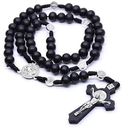 KOMI 10mm Black Wooden Beads St Benedict Rosary for Men Christian Gifts