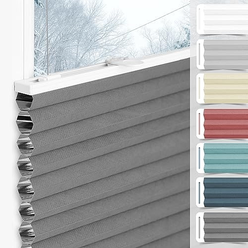 bobodeco Wabenplissee Plissee ohne Bohren Verdunkelung Klemmfix Thermo Verdunklungsplissee, Grau-Weiß 80x120 cm(BxH), 100% Verdunkelnd & Sicht- & Schallschutz, Wärmeisolierung für Fenster & Tür