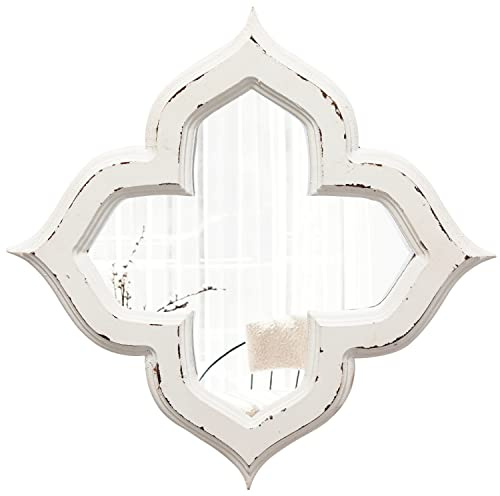 Sintosin Hängender antiker kleiner Wandspiegel, dekorativ, 24,4 cm, Used-Look, weiß, geformter Holzspiegel, Bauernhaus-Wanddekoration, Shabby-Chic-Glückskleeblatt, Wanddekoration für Wohnzimmer