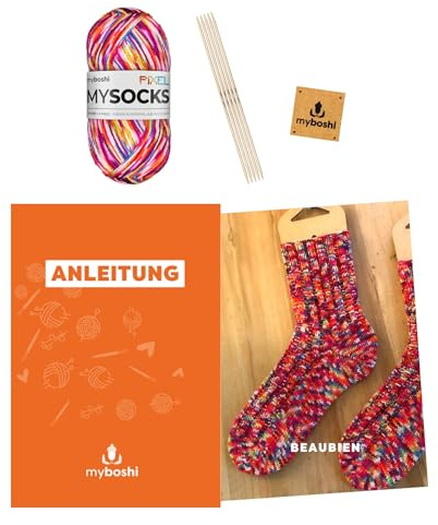 myboshi Strickset Socken Beaubien, inkl. mysocks Pixel Sockenwolle, Nadelspiel, Anleitung Label in Lederoptik, 75% Schurwolle, 25% Polyamid, Rot (Nova) mit Nadelspiel