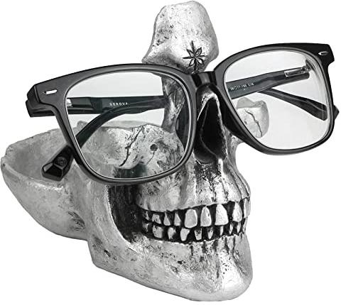 Mrlikale Skull Glasses Stand, Creative Eyeglasses Display Rack, Sunglasses Spectacle Holder, Key Holder Resin Sculptures for Entryway, Home, Office, Desk, Nightstand (Silver)