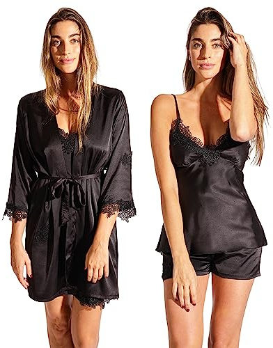 Laura in - Set di 5 Pigiami in Seta Raso con Pizzo Ricamato, Pigiama Biancheria da Notte da Donna, Vestito Kimono, Camicia da Notte, Top, Pantaloncini e Pantaloni Lunghi. NeroS/M1108