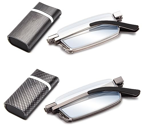 Amorays 2 Paar Faltbare metal Lesebrille Mini Tragbare Lesebrillen with Hartschalen-Etui Anti-Blaulicht für Damen und Herren 1166(Dunkelgrau+Hellgrau，+1.50