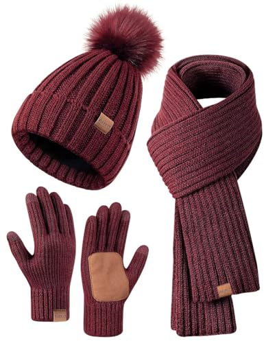 Winter-Set für Damen mit Mütze, Schal und Handschuhen, Mütze mit Bommel, langer Schal, Touchscreen-Handschuhe, 3-in-1-Set, Burgunder, Einheitsgröße