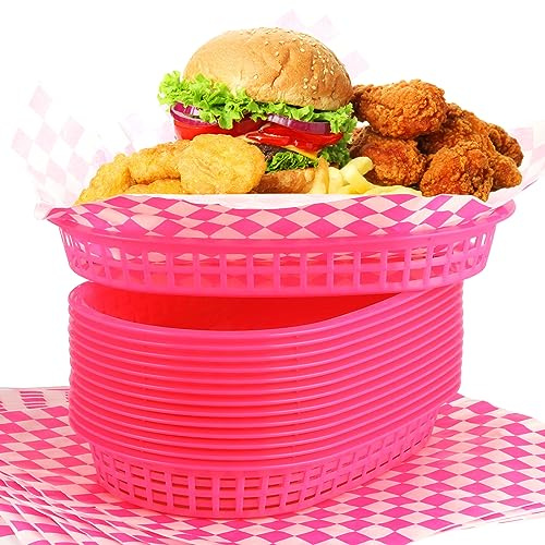 Uiifan 24 Pcs Food Baskets for Serving with 100 Deli Liners, Hot Pink | Reusable Plastic Food Trays, Restaurant Fast Food Basket with Paper Liners, Ideal for Burger Fries Hot Dog Picnic BBQ Parties