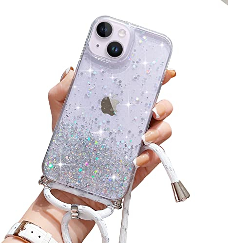 Wirvyuer Handyband Hülle für iPhone 15 Handyhülle mit Kordel Glitzer Schutzhülle mit Band zum Umhängen Halskette Silikon Case mit Schnur für iPhone 15 Transparent