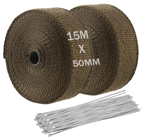 FAAING 2 nastri di protezione dal calore, benda termica moto in fibra di basaltica, 15 m x 50 mm, in titanio, con 20 fascette in acciaio inox, nastro di scarico per moto, collettore a ventaglio