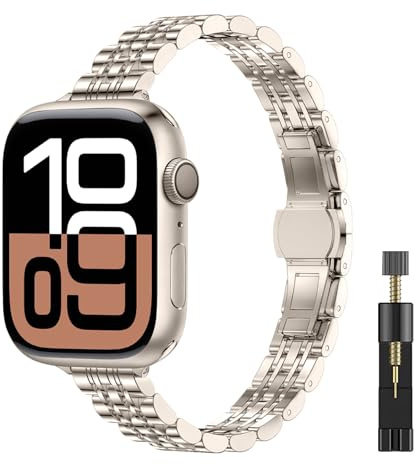 WoPail Armband för kvinnor kompatibelt med Apple Watch 41 mm, 40 mm, 38 mm, serie 10/9/8/7/6/5/4/3/2/1, ersättningsarmband i metall premium smala damarmband för iWatch SE/SE 2 – starlight