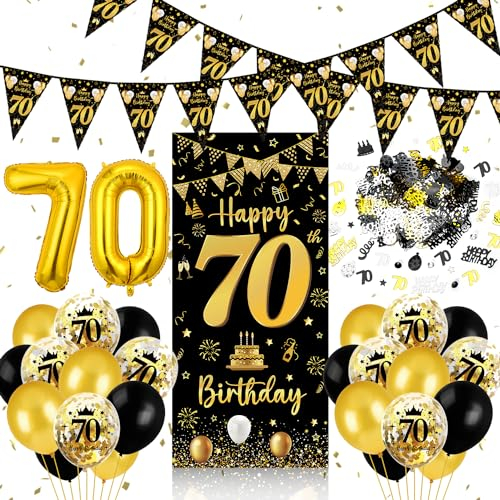 70. Geburtstag Deko Banner Schwarz Gold, Luftballons Wimpel Girlande, Konfetti, Tür Deko Hintergrund für Männer Frauen Party Deko