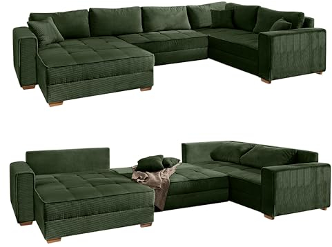 Modische Cord Wohnlandschaft U-Form B379/T227/H86 cm, Sofa mit Schlaffunktion und Bettkasten, Wellenunterfederung, seitenverkehrt montierbar, Bezug aus Cordstoff in Grün / 15199