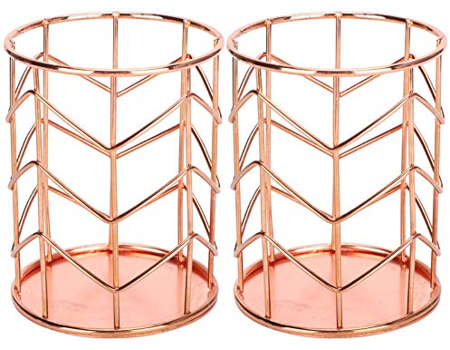 ZHDOKA 2 Stück Hohler Stifthalter in Roségold, Runder Make-up-Pinselhalter aus Metallgeflecht, Eleganter Bleistifthalter aus Metalldraht, Schreibtisch-Aufbewahrungskorb für Zuhause, Küche, Theke, Büro