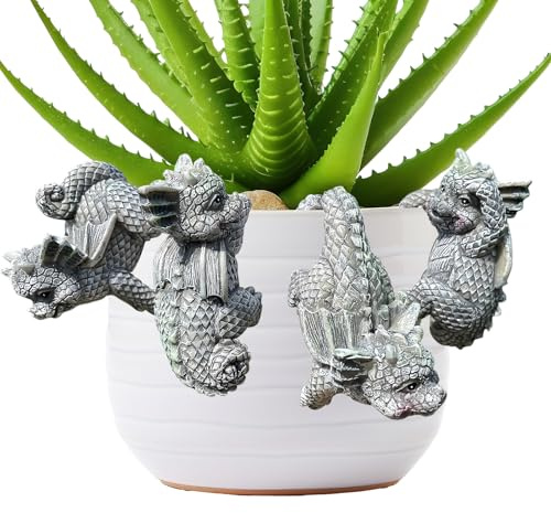 4 Pcs Garden Dragon Ornaments Hanging Statues Small Dinosaur Sculptures | Flower Pot Dragon Resin Craft Plant Pot Hanger for Balcony Garden Planter Decor Outdoor Statues Figurines Home Office Gift