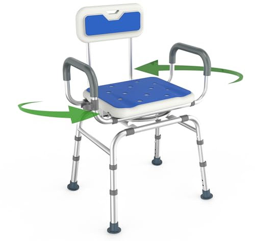 Loyoda Silla de ducha giratoria de 360°, asiento de ducha giratorio portátil con reposabrazos y respaldo acolchados, asiento de altura ajustable para bañera, soporta 400 libras