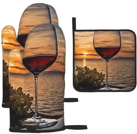 Sunset Wine Glass Heat-Resistant Oven Gloves And Pot Holders.With Lanyard,Waterproof And Durable. Used In Kitchen,Barbecue And Baking.
