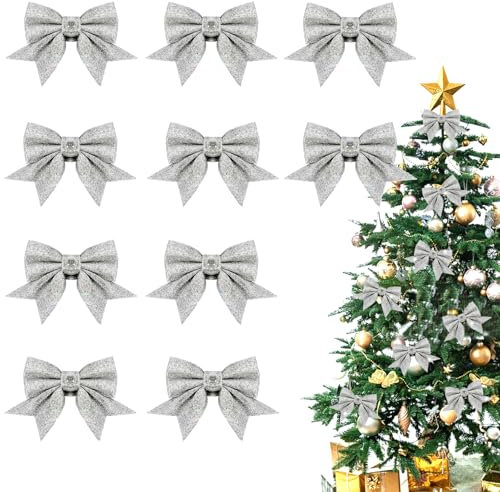 Schleifen Weihnachtsbaum, 10 PCS Weihnachtsschleifen, Christbaumschmuck Schleifen, Weihnachtsbaumschmuck Schleifen, Tannenbaum Schleifen, Weihnachtsbaum Deko für Türen, Fenster, Gärten (Silber)