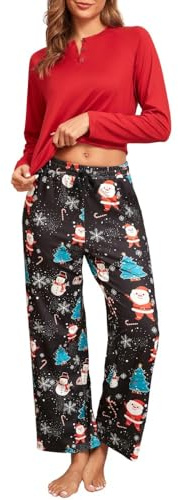 PrinStory Dam pyjamasset långärmad nattkläder nattkläder mjuka pyjamasöverdel och full längd pyjamas underdel med fickor myskläder, Svart julgran, XL