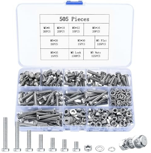 505 Pcs M5 Hex Bolts and Nuts Set, M5 Nuts and Bolts Set with Washers Set, Fully Threaded Machine Bolt and Hex Nut and Lock and Flat Washers Assortment Kit