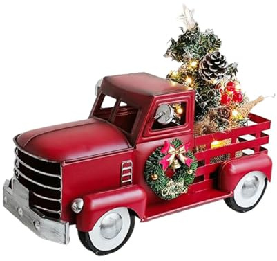 Perfeclan Roter LKW mit Weihnachtsbaum, LKW mit Baum, Desktop-Ornament aus Metall, Vintage-Auto für Bauernhaus, Schrank, Wohnzimmer