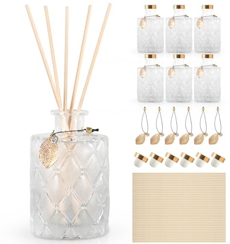 Glass Reed Diffusers Bottles for Home, Diffuser Bottles with 40PCS Reed Diffuser Sticks, Vintage Embossed Apothecary Style Flower Bud Vases with Cork Lids, Set of 6