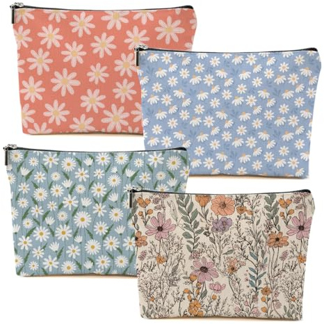 DHKG 4pcs Vintage Floral Makeup Bag, Daisy Flower Cosmetic Bag Garden Gifts for Women Female Girls Sister BFF Nature Lover, Travel Zipper Pouch Christmas Thanksgiving Birthday Gifts